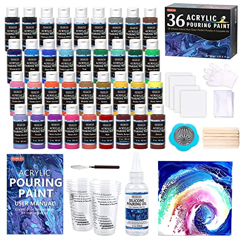 Shuttle Art Acrylfarben-Set – 36 Flaschen (56,7 g) vorgemischte High-Flow Farbe mit Leinwand, Silikonöl, Messbecher, Tischdecken – komplettes Ausgießset