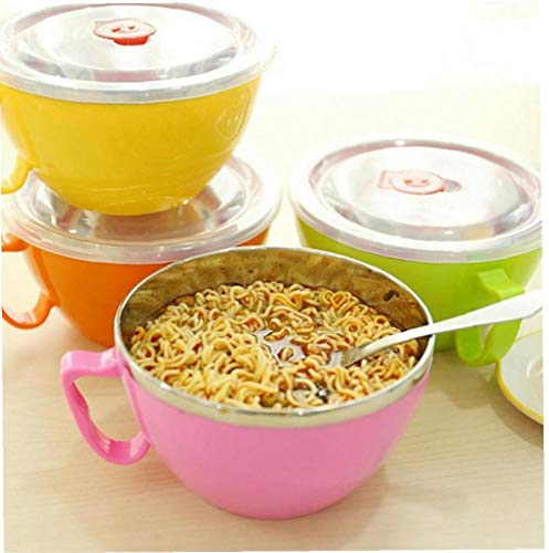 Noodle Bowl with Lid Handle Stainless Steel Plastic Leak Proof Food Container Rice Soup Bowls for Kitchen 1pc(random Color)