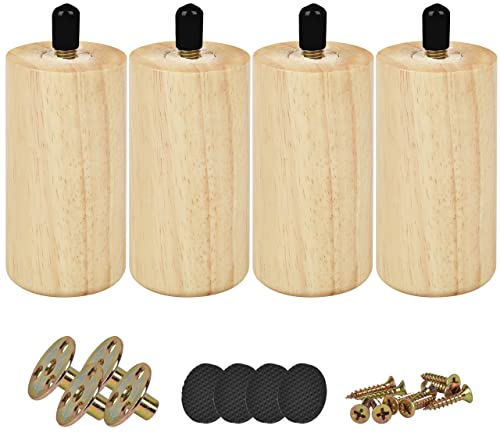 10cm Holz Möbelfüße, Btowin 4 Stück Runde Zylinder Massivholz Tischbeine mit vorgebohrten M8 5/16 Bolzen & Montageplatten & Schrauben für Sofa Schrank Couch Ottomane Bett
