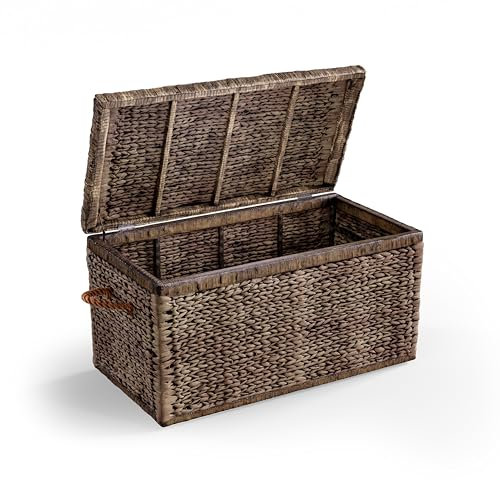 ClickDecor Storage Trunk, Farmhouse Style, Extra Large (33”), Deep, Woven Wicker Chest with Metal Frame, 2 Handles, Flip Top Lid and Stay Open Safety Hinges, Sustainable Eco Material, Rustic Brown