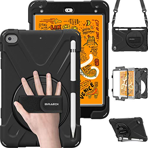 BRAECN für Hülle iPad mini 4/iPad mini 5 7.9 Zoll, Stoßfeste Robust Panzerhülle mit Drehbar Ständer, Handschlaufe, Schultergurt Schutzhülle mit Stifthalter für iPad mini 2015/iPad Mini 2019, Schwarz
