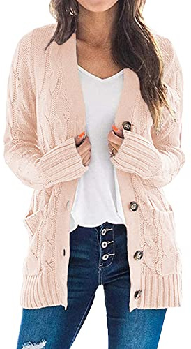 Easygou Cardigan da donna con bottoni in maglia grossa, maglione oversize morbido a maniche lunghe, aperto sul davanti, con tasca morbida (rosa, L)
