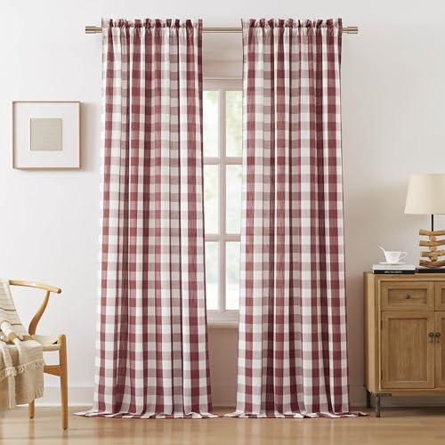 Bapawfish Lot de 2 Panneaux de Rideaux de fenêtre à Carreaux Vichy Bordeaux Rouge et Blanc de 241,3 cm de Long, avec Passe-Tringle pour Chambre à Coucher, Salon, 101,6 x 241,3 cm (l x L), Rouge/Blanc