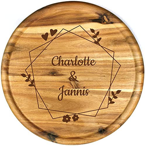 Sterngraf Pizzateller mit Gravur (Namen) personalisiertes Holz Pizzabrett 32cm Akazienholz - Geschenkidee zum Geburtstag Hochzeitsgeschenk Jahrestag Jubiläum, MotivP3 Blumenkranz