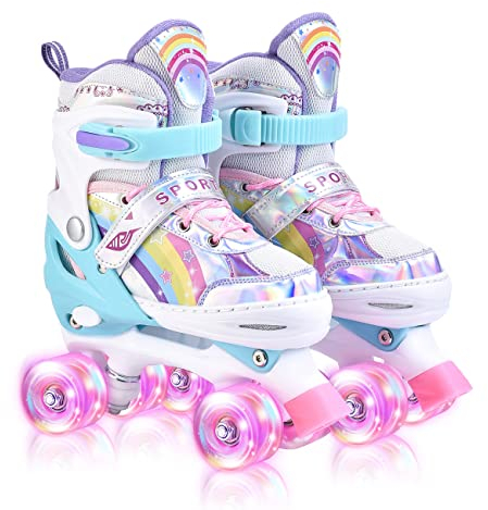 YUDOXN Rollschuhe Mädchen Verstellbar.komfortabl LED Rollerskates für Jugendliche und Anfänger.3 Größen, verstellbar von 31 bis 42, Rollerskates.Verstellbar Rollschuhe für Kinder (S, Rainbow-C)