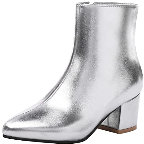 Stivaletti da Donna con Tacco a Blocco, Stivali da Vestito Tacco Medio Appuntito Polacchine Zip 135 Argento/Br Numero 40 EU