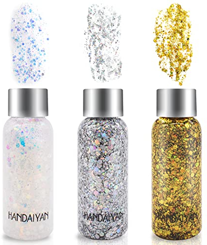 AOKITO Festival Gesichtsglitzer & Körperglitzer – 3 Flaschen Body Glitter Gel mit Löffeln, Chunky Glitter für Karneval, Festival, Masquerade und Party Make-up
