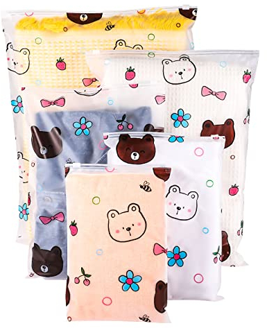 24 Pcs Travel Clothes Storage Bags, Reusable Plastic Printed Ziplock Bags Hospital Bags Maternity Essentials Waterproof Luggage Organiser Pouch for Clothes Girls' Garment School Trip (5 Size Mixing)