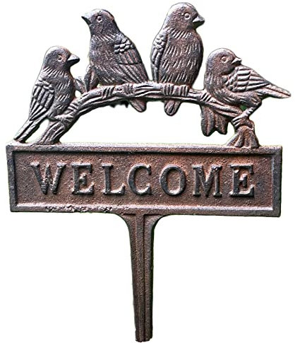 Birds Welcome Sign Lawn Spike Cast Iron Brown Perched Robins Garden Plaque Stake 28cm
