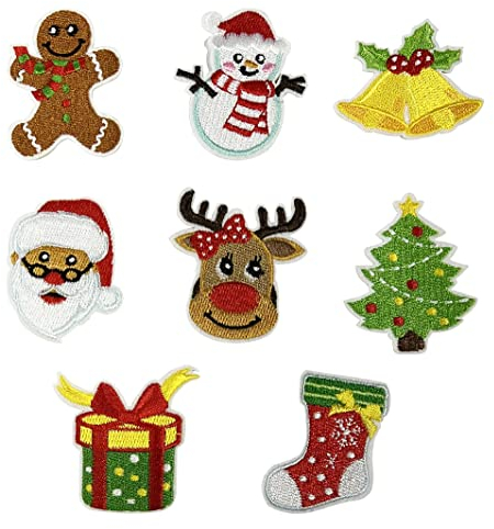 8 Stück dekorative bestickte Weihnachts-Aufnäher zum Aufbügeln, leuchtende Farben, niedliche Aufnäher zum Aufbügeln für Kleidung, Kleid, Hüte, Jeans, Taschen, Rucksack, DIY-Zubehör-Patches