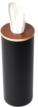 Yamazaki 5981 RIN Runde Taschentuchbox L, schwarz, Stahl/Holz/Silikon, minimalistisch, 9.2 x 9.2 x 23.8 cm