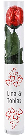 Herz & Heim® Valentinstags-Rose aus Schokolade mit personalisiertem Etikett/Herzen