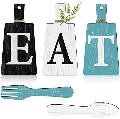 Jetec Cutting Board Eat Sign Set Hanging Art Kitchen Eat Sign Fork and Spoon Wall Decor Rustic Primitive Country Farmhouse Kitchen Decor for Home Decoration(Black, Gray White, Blue Green)