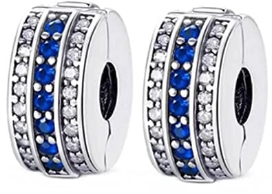 MEETCCY Clip-Abstandshalter, 925er-Sterlingsilber, blau-weißer Kristall-Charm, Clip-Verschluss, Abstandshalter, Stopper für Armband, kompatibel mit europäischen Charm-Armband-Perlen, Sterling-Silber