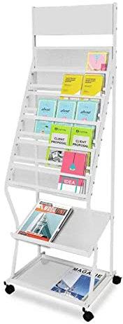 Tragbarer Zeitschriftenständer, 61 Zoll h Bodenaufbewahrung Stehender Korb mit Rollen, Prospektständer mit abgestuftem Design (Color : Black, Size : LxBxH 48x38x155 cm) (White LxWxH 48x38x155 cm)