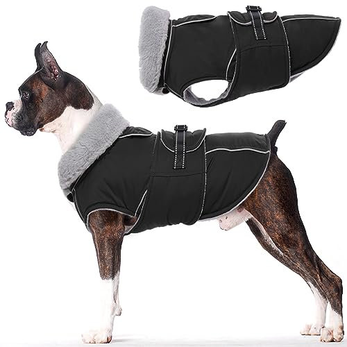 Lelepet Hundemantel Winterweste Reflektierende Fleece Hundejacke für Mittelgroße Hunde Wasserdicht Hundejacke Wintermantel Warme Winterjacke mit Verstellbarer Schnalle, Schwarz L