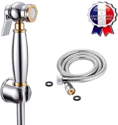 BbfStyle - Marque Française - Luxury Gold and Chrome Sans Vanne 3 voies - Kit Douchette WC Sans Vanne 3 voies - Kit douchette WC pour l'hygiène intime - Métallique - Finition Chromé - Taharat