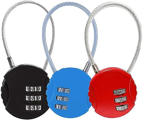 JSKWIKE 3 Pcs Candado con Combinacion 3 Digitos Candados de Seguridad de Cable Acero Flexible Candado Pequeño Numeros para Taquilla Gimnasio Maleta Viaje Equipaje