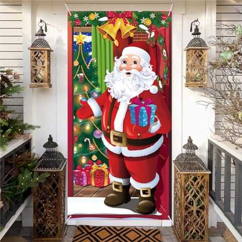 HAKOTOM Weihnachten Türabdeckung Dekoration Weihnachtsmann Tür Abdeckung Weihnachtsmann Hintergrund Banner Weihnachten Hängend Tür Banner für Feiertag Weihnachten Haustür Deko 184x90cm