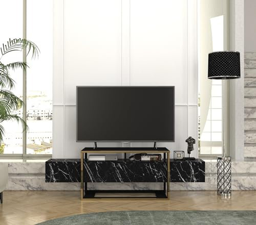 DORPEK Truro Tv Stand Black Marble- Black 160 Cm, Tv Unit with 2 Tier Shelves, Tv Stand with 2 Open Storage Space, Entertainment Unit for Living Room, Bedroom and Dining Room