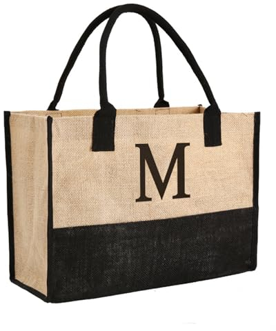 Soulnioi Baumwoll-Jute-Tragetasche, wiederverwendbare Einkaufstasche, personalisierte Buchstaben, bedruckte Tasche für Damen/Herren, wiederverwendbare Strandtasche aus Segeltuch für Alltag, Reisen,