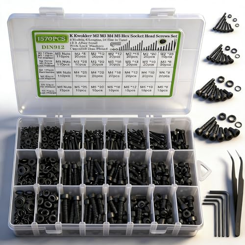 K Kwokker Assortimento di 1575 bulloni a brugola, M2, M3, M4, M5, viti a testa esagonale, dadi e bulloni, dadi e rondelle in lega di acciaio legato di grado 12.9, 24 misure da 8 mm a 25 mm