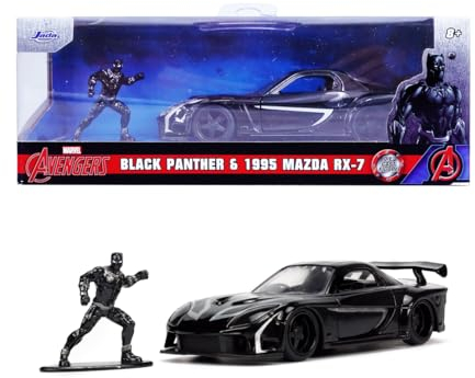 Jada Toys - Marvel Black Panther Mazda RX-7 inkl. Black Panther Figur, Modellauto aus Metall, 1:32, Türen zum Öffnen, 13,5 cm, für Fans und Kinder ab 8 Jahre