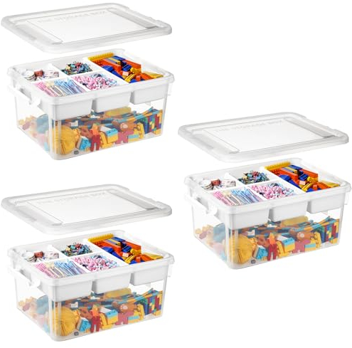 Greentainer 16L Plastic Storage Bins with Lids & Removable Tray, 3 Pack Stackable Arts & Crafts Storage Boxes Containers for Organizing Bead, Tool, Sewing, Playdoh, Toys