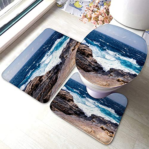 rutschfeste 3 Badteppich Set Ozeanwellen Meerwasser Himmel Steine Ufer Natur 3-Teiliges Badteppich-Set Weiche Badgarnitur Badematten, Für Spa, Badewanne