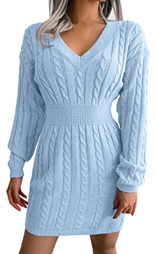 Women's Winter Knitted Long Sleeve Jumper Dress - Plain V-Neck Corset, High Waist Wrap Jumper - Comfortable Sweater Dress, Blue, M