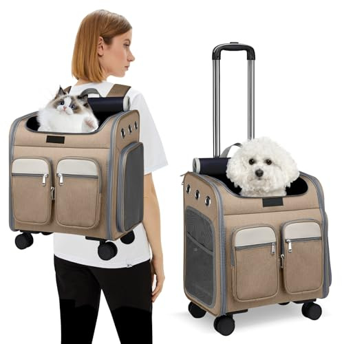 PETCUTE Katzenrucksack Hunderucksack mit Trolley 2 in 1 bis 11 kg,Faltbarer Hundetrolley mit 4 Rädern,Herausnehmbarer Matte,Multifunktionaler,Atmungsaktive Haustier-Reisetrage für Katzen und Welpen