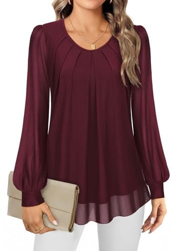 Gemulate Ladies Chiffon Tops - UK Ladies Long Sleeve Crew Neck Fitted Blouse Tunic Tops - Loose, Flowing Double Layers Mesh Shirts - Wine Red, M