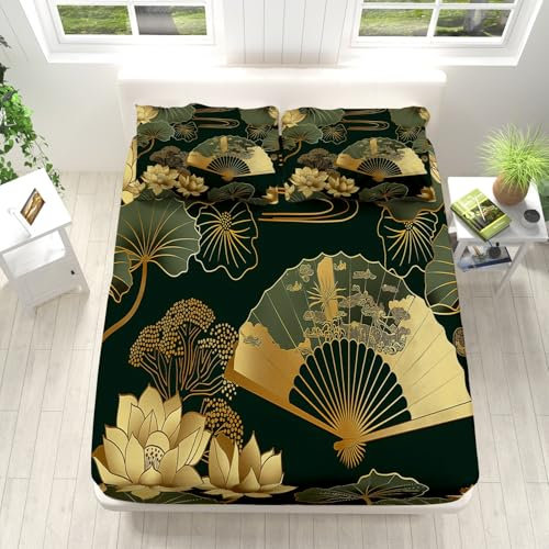 Fitted Sheets Single 90x190cm Golden Lotus Fan Soft Brushed Microfibre Bed Sheet, Easy Care Fitted Sheet Shrinkage and Fade Resistant - Bottom Sheet, Strong Elastic Hem