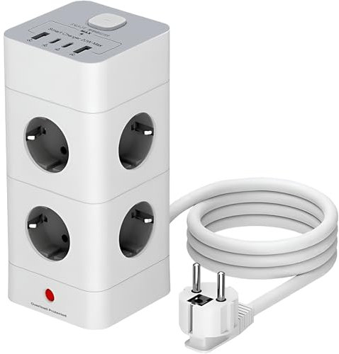 Regleta enchufes protección sobretensión 8 tomas AC y 4 USB. 3680W/16A. Torre enchufes interruptor de apagado. Cubo enchufes para el hogar y oficina. Estación de carga rápida. Regleta vertical 12 en 1