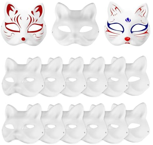 15 Stück Therian Mask, Katzenmasken zum Anmalen, Weiße Cat Mask, Personalisierte Zellstoff Handbemalte Cat Maske, für Maskeraden, Bastelkurse, Partys, Karneval, Aufführungen
