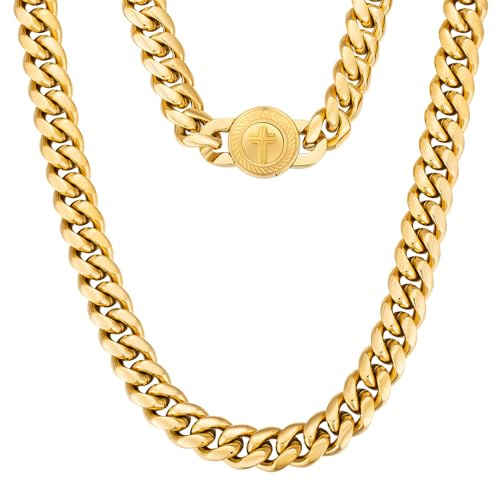KRKC&CO 12mm Herren Panzerkette mit rundem Kreuz Verschluss, 18K Gold plattiert Cuban Link Chain, Edelstahl Miami Kubanische Gliederkette Goldkette, Halskette für Männer Jungen [Größe 50,8cm]