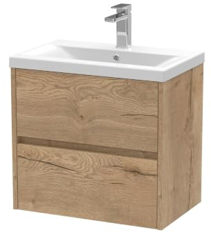 Balterley Vanity Unit with Basin Wall Hung, 2 Drawer Soft Close with Mid Edge Sink, Bathroom Vanity Units with Basin, Bathroom Sink Storage Cabinet - 610 x 390 x 579mm (Autumn Oak)