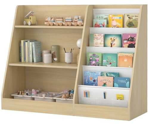 Huhote Kinderregal mit 4 Ablage und 3 offenen Fächern, Bücherregal für Kinder, Kinderzimmerregal, Bücherregal Aufbewahrungsregal für Kinder, Spielzeug-Organizer für Spielzimmer, 80x30x67.5 cm (Eiche)