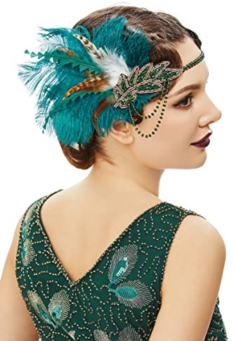BABEYOND Stirnband Damen Pfau Feder Haarspange Gatsby Fasching Kostüm Haar Accessoires Dunkelgrün