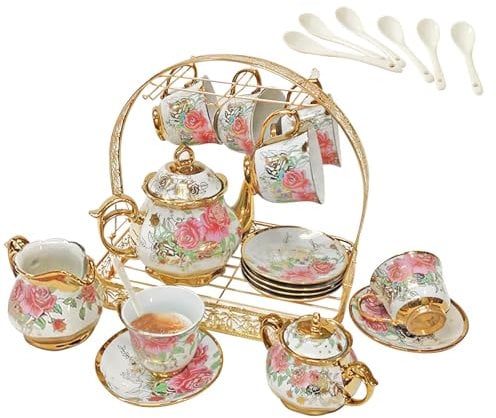 22 Stück Porzellan Teeservice Serving 6 Personen, Europäisches Keramik Teeservice mit Metallständer, 220ml Keramik Teetasse, 1100ml Teekanne, Vintage Teaset, Teaset am Nachmittag für Hochzeit, Party