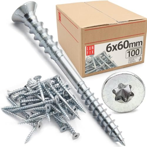 Vis de réglage 100 pièces 6x60 mm torx zinguées – vis à bois, acier zingué, vis terrasse pour charpente, menuiserie, poutre, lambourde, cloison, aggloméré, bois dur – Lun Fix