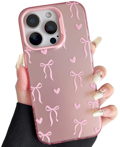 ZTOFERA Pink Case for iPhone 14 Pro Max (6.7), Aesthetic Phone Case with Cute Ribbon Bowknot Pattern, Glossy Hard PC Back Silicone Bumper Shockproof Protective Cover for Girls Women - Love Heart