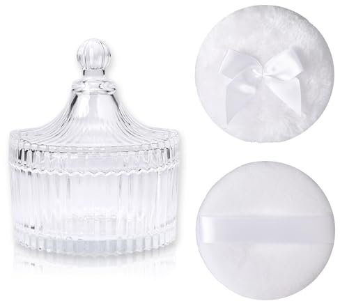 SUMTree Glass Body Powder Puffs and Container with Lid, Dusting Powder Container with 2 Puffs Washable and Reusable for Women, Empty Talcum Box Container for Baby, Small, Clear