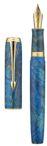 Hongdian - Penna stilografica A7 in legno stabilizzato, pennino fine, con nodo cinese, per intagliare i nodi cinesi, set con converter e custodia in metallo (blu galassia)