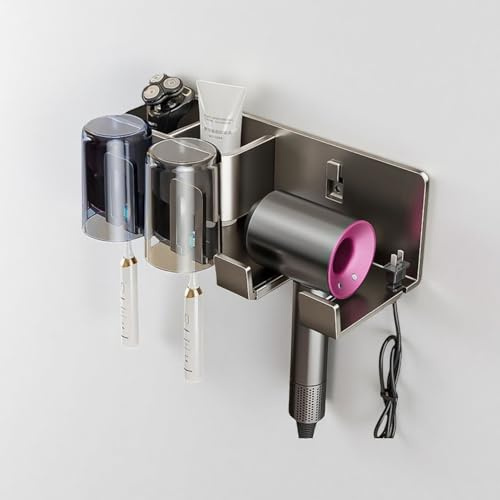 Yomotay Fönhalter Wand Ohne Bohren, Föhn Halterung mit 2 Fächern & 2 Zahnbürstenhalter, Fönhalterung Bad Edelstahl Haartrockner Organizer für Badezimmer, Barbershop, Hotel - Grau