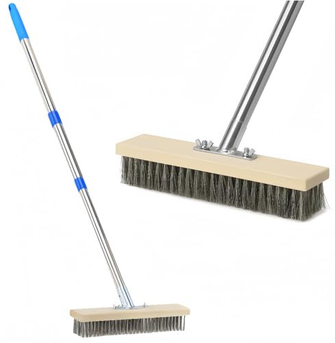 Heavy Duty Stainless Steel Outdoor Garden Wire Broom, Yard Brush with Long Handle, 12 Inch Deck Scrub Stiff Brush Outdoor Broom for Garage,Patio, Deck, Swimming Pool