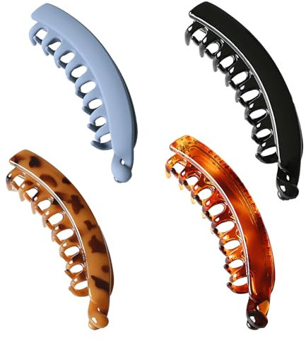 filheraze Pince Banane Verticale - Croissant Super Épais Coréen Épingle À Cheveux Pour Queue De Cheval (4 Unités: NOIR BRILLANT + Kelly BRILLANT + Café Ambre + Bleu Clair)