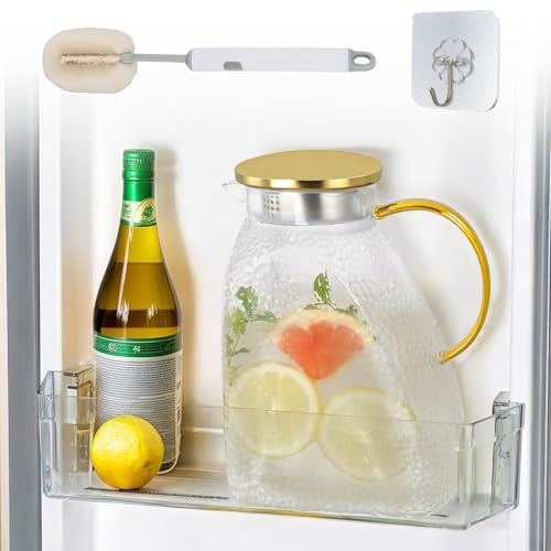 1.8 L/63 oz Glass Water Pitcher, High Borosilicate Glass Water Jug, Glass Water Carafe for Fridge Door, Glass Water Carafe with Lid & Handle, Glass Iced Tea Pitcher with Cleaning Brush & Sticky Hook