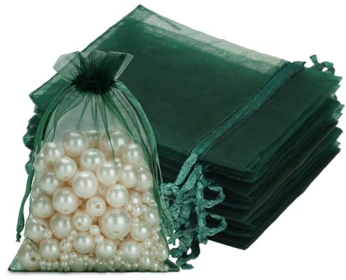 jijAcraft Dark Green Organza Gift Bags: 13x18cm Organza Drawstring Pouches, 50Pcs Garden Plant Protect Mesh Bags, Party Sweet Pouches for Wedding, Birthday, Christmas, Gift Wrapping