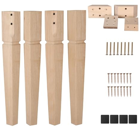 24 Inch Square Unfinished Oak Furniture Legs - Heavy Duty Mid Century Tall Wooden Legs Set of 4 for Tables, Bench, Ottomans - with Installation Hardware (Natural)